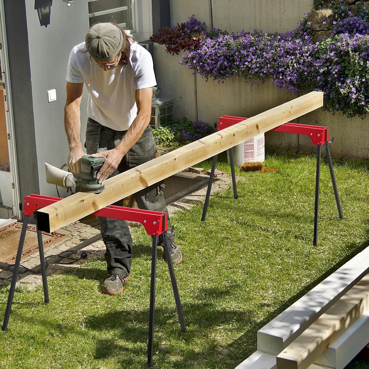 Folding Sawhorse Twin Pack Heavy Duty 454kg 2x4 Support Arms Red 92x48