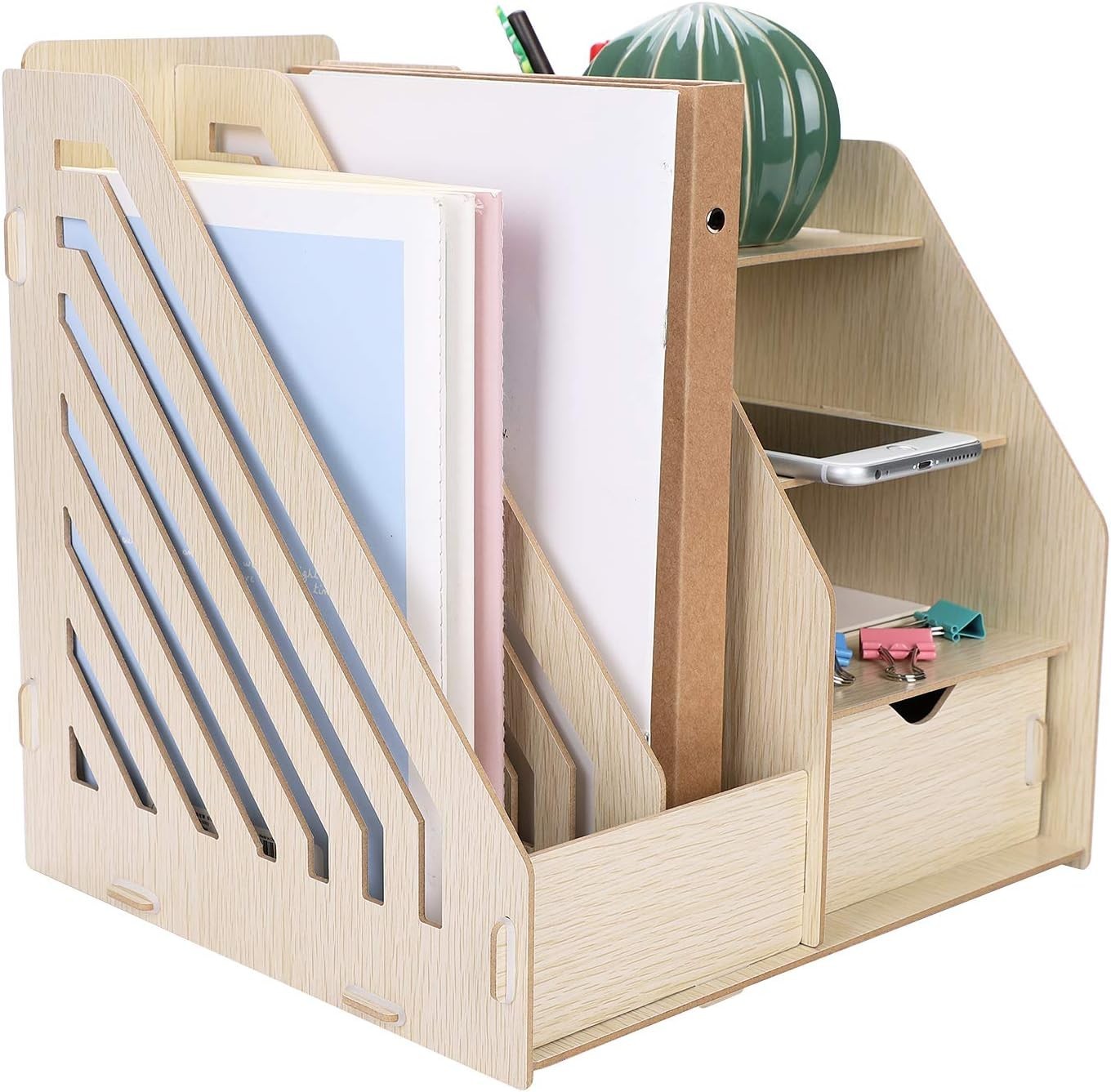 Wood Desk Organizer with Drawer & A4 File Holder – Multifunctional Storage