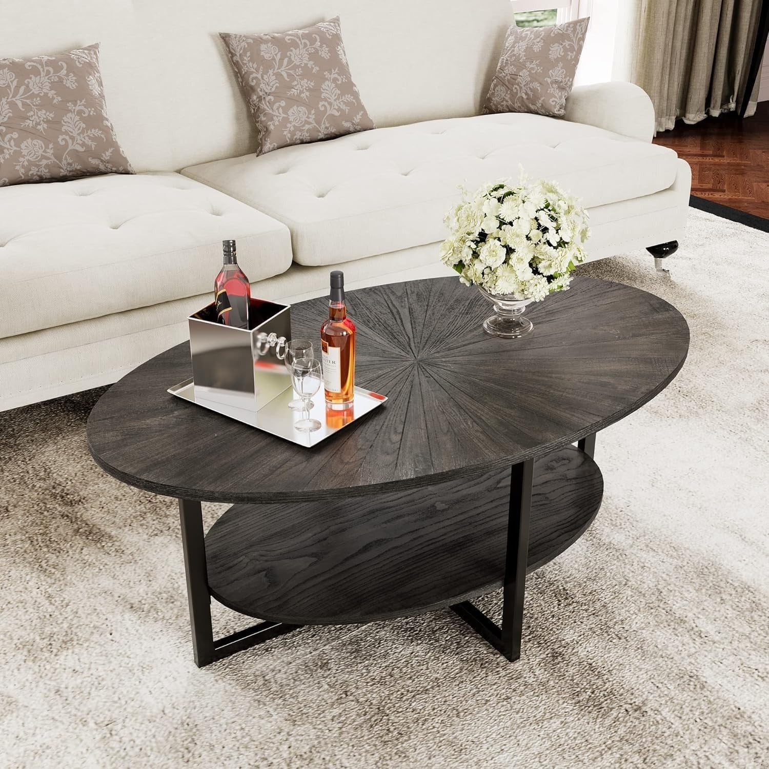 Rustic Brown Oval Coffee Table with Cross Metal Legs & 2-Tier Shelf 110x66cm