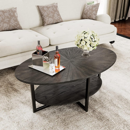 Rustic Brown Oval Coffee Table with Cross Metal Legs & 2-Tier Shelf 110x66cm