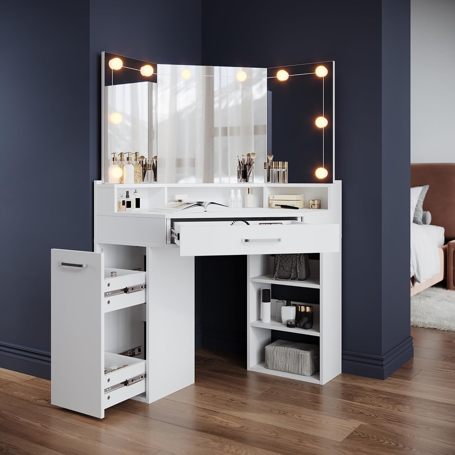 Corner Makeup Vanity Desk with 3-Mirror LED Lights Dresser & Drawers White