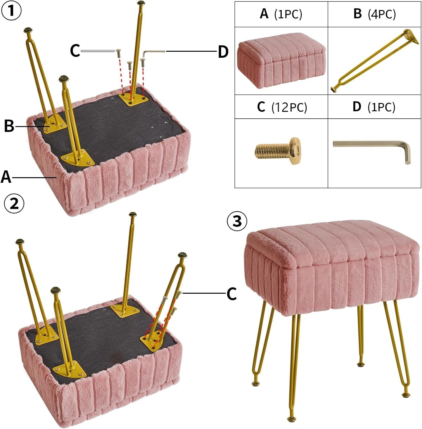 Pink Velvet Storage Footstool with Metal Legs – Rectangular Vanity Stool
