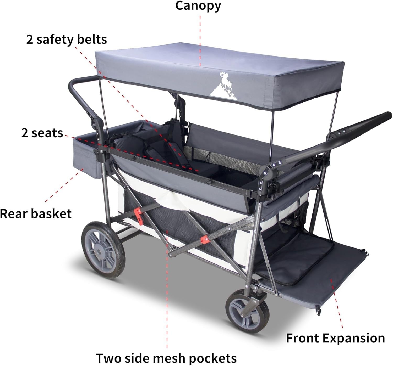 Grey/Beige Folding Wagon w/ Canopy 2 Seats Heavy Duty Collapsible Cart 120kg