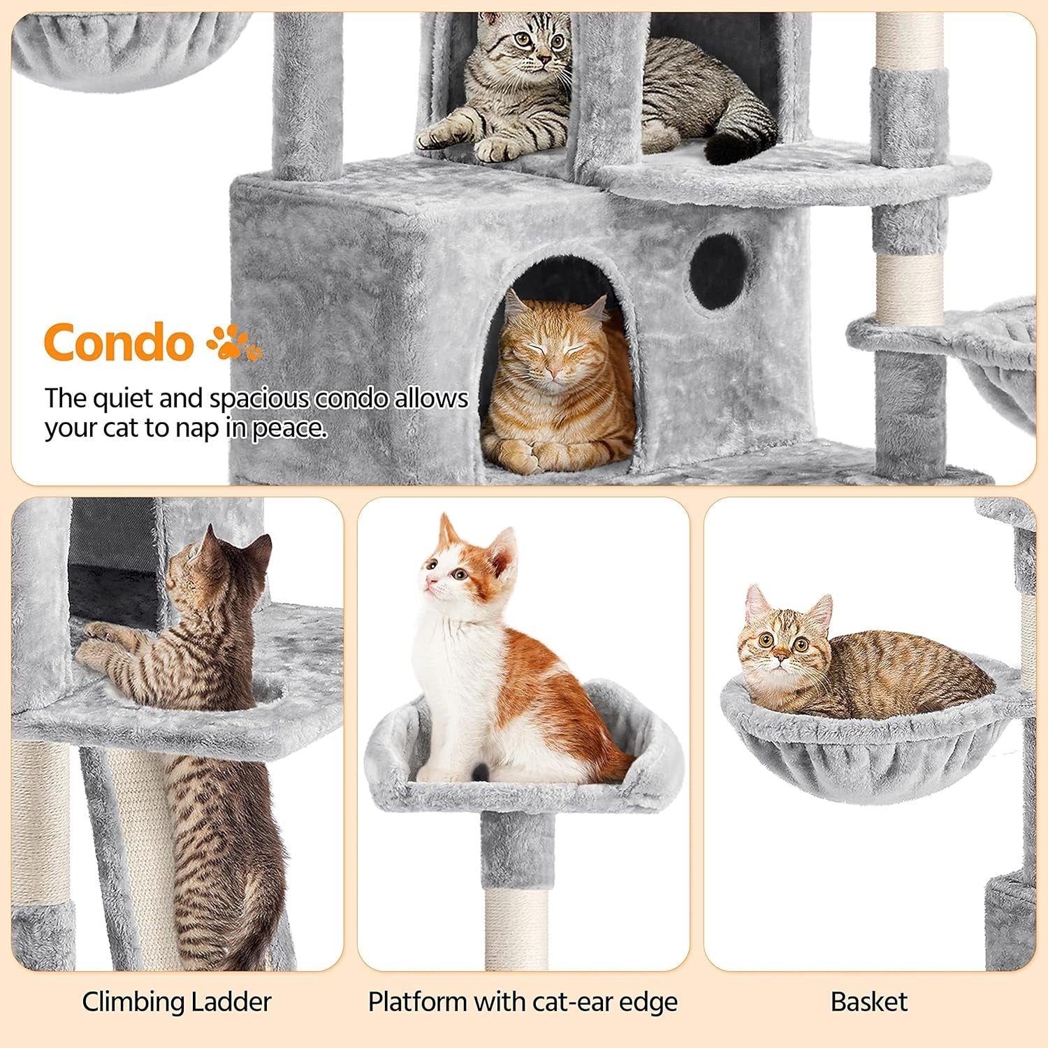 194cm Light Grey Cat Tree Tower with Condos Baskets Scratching Posts