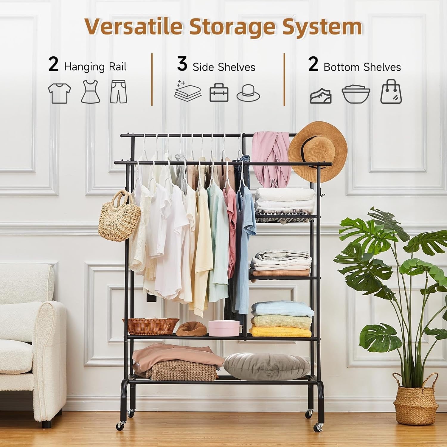 Heavy Duty Clothes Rail Double Hanging Rack Shelves Black
