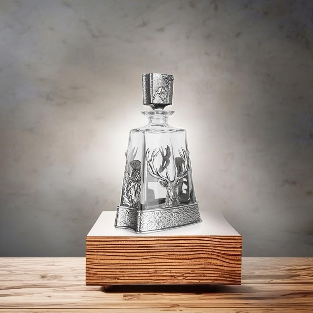 Scottish Thistle Stag Whisky Decanter 60cl Pewter Crystal Pyramid Design