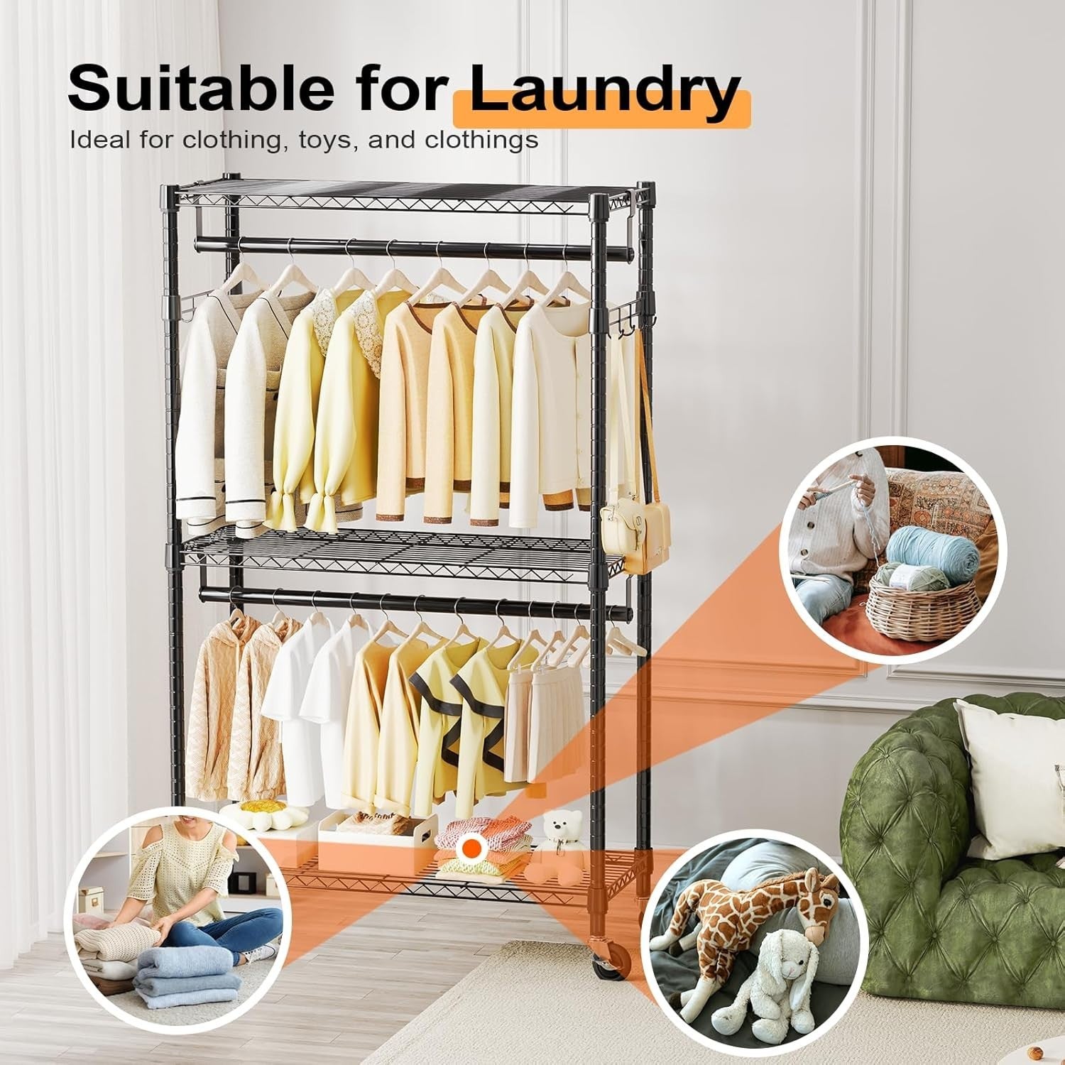 Heavy Duty Black Garment Rack – 3 Tier, 2 Rods, 189cm with Wheels