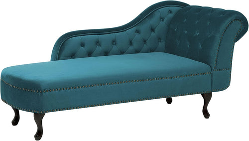 Vintage Right Hand Velvet Chaise Lounge with Chesterfield Tufted Back, Teal