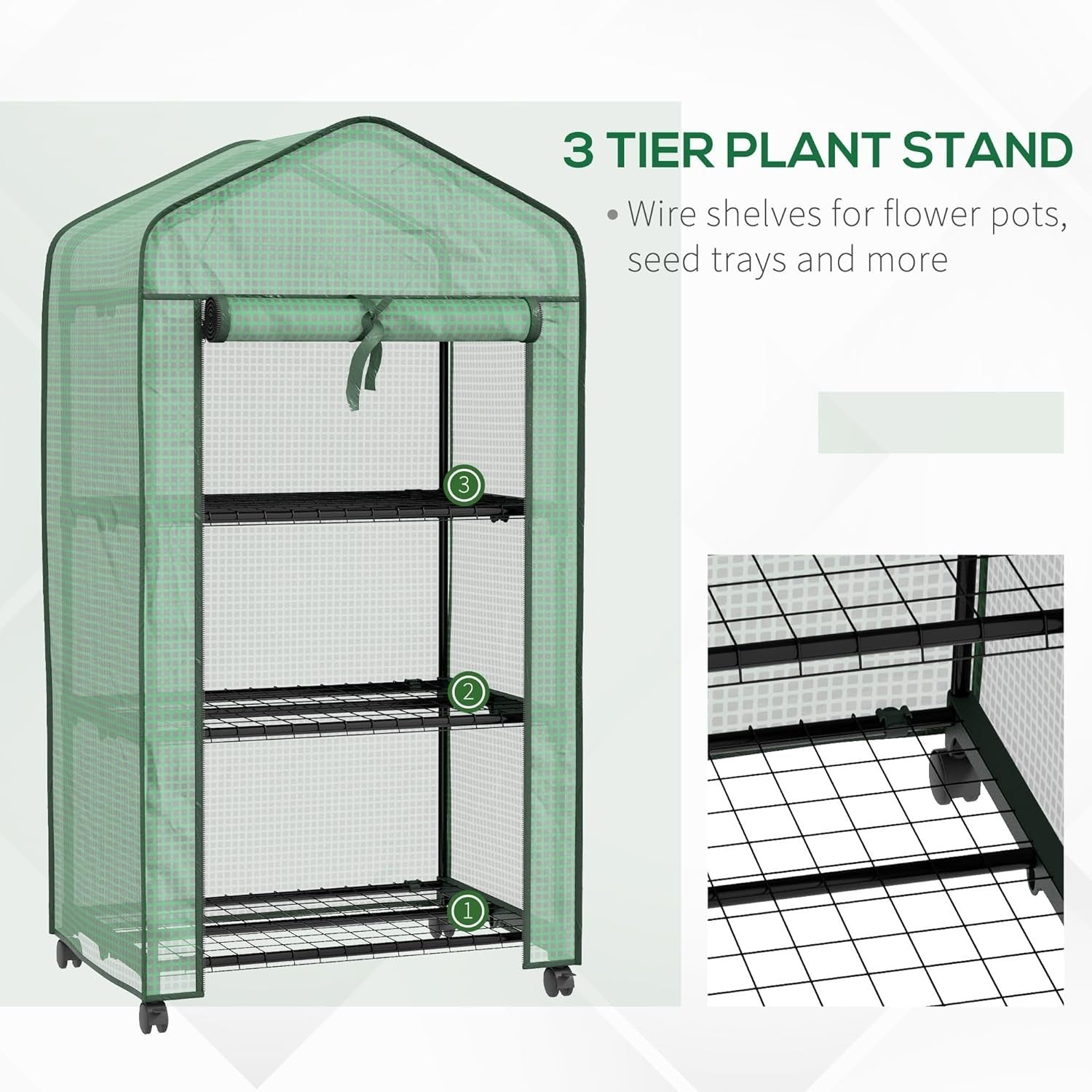 3 Tier Mini Greenhouse with Wheels Reinforced PE Cover Roll-Up Door