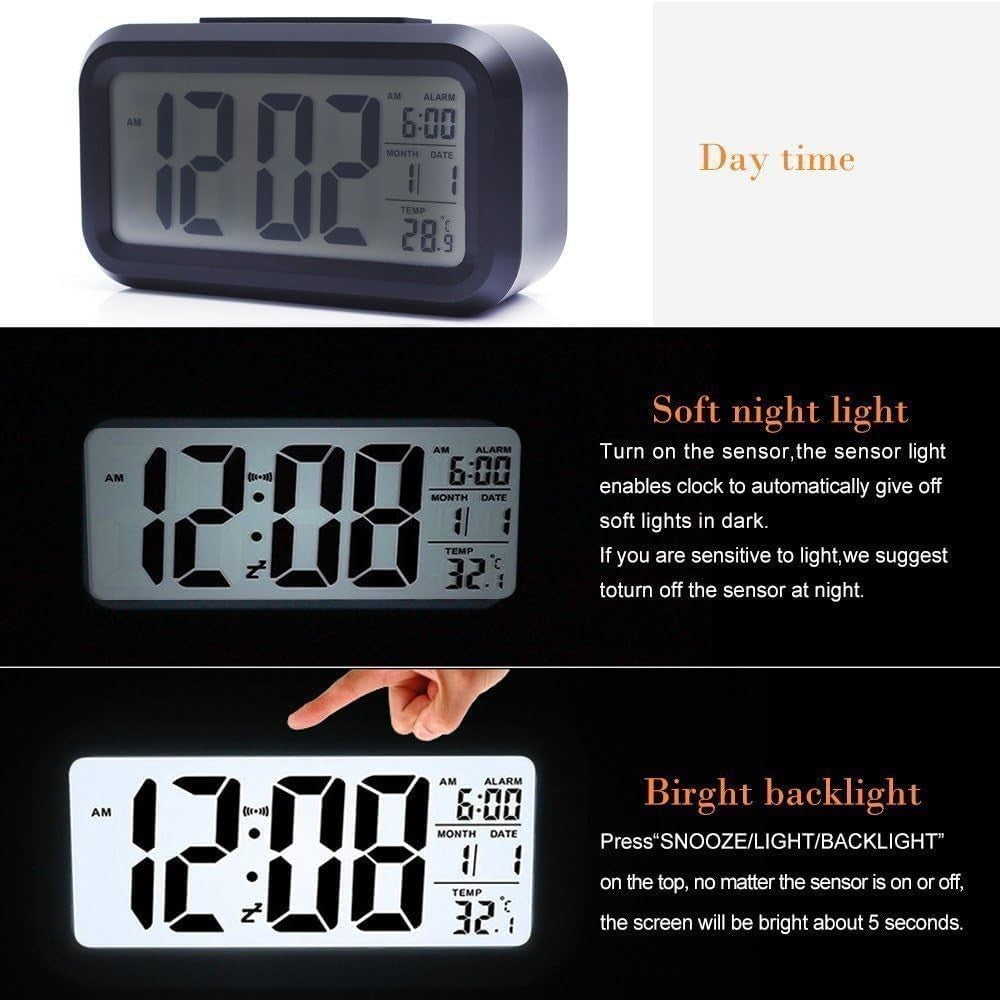 Kids Digital Alarm Clock Temperature Display Loud Snooze 12/24H Battery
