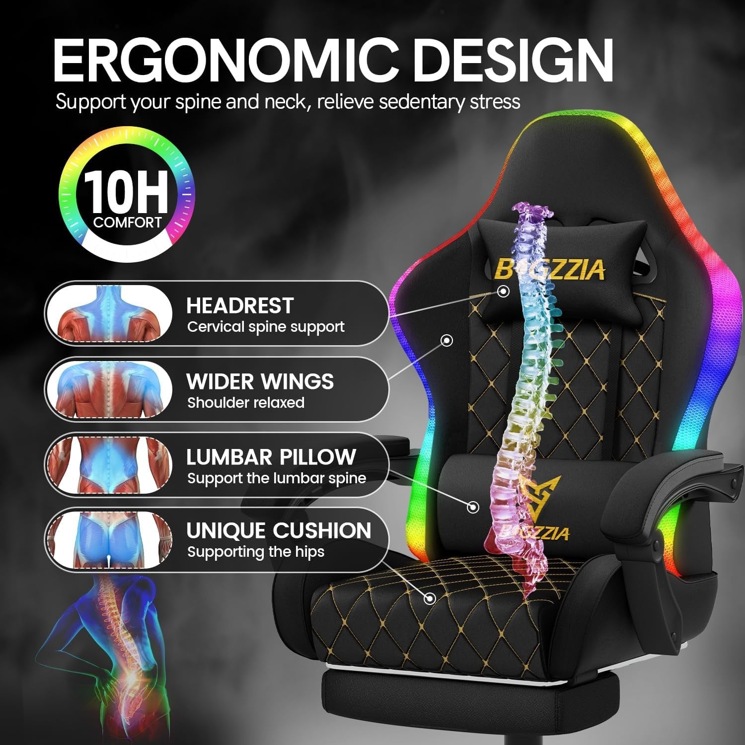 Gaming Chair with LED Lights Recliner Footrest Ergonomic High Back