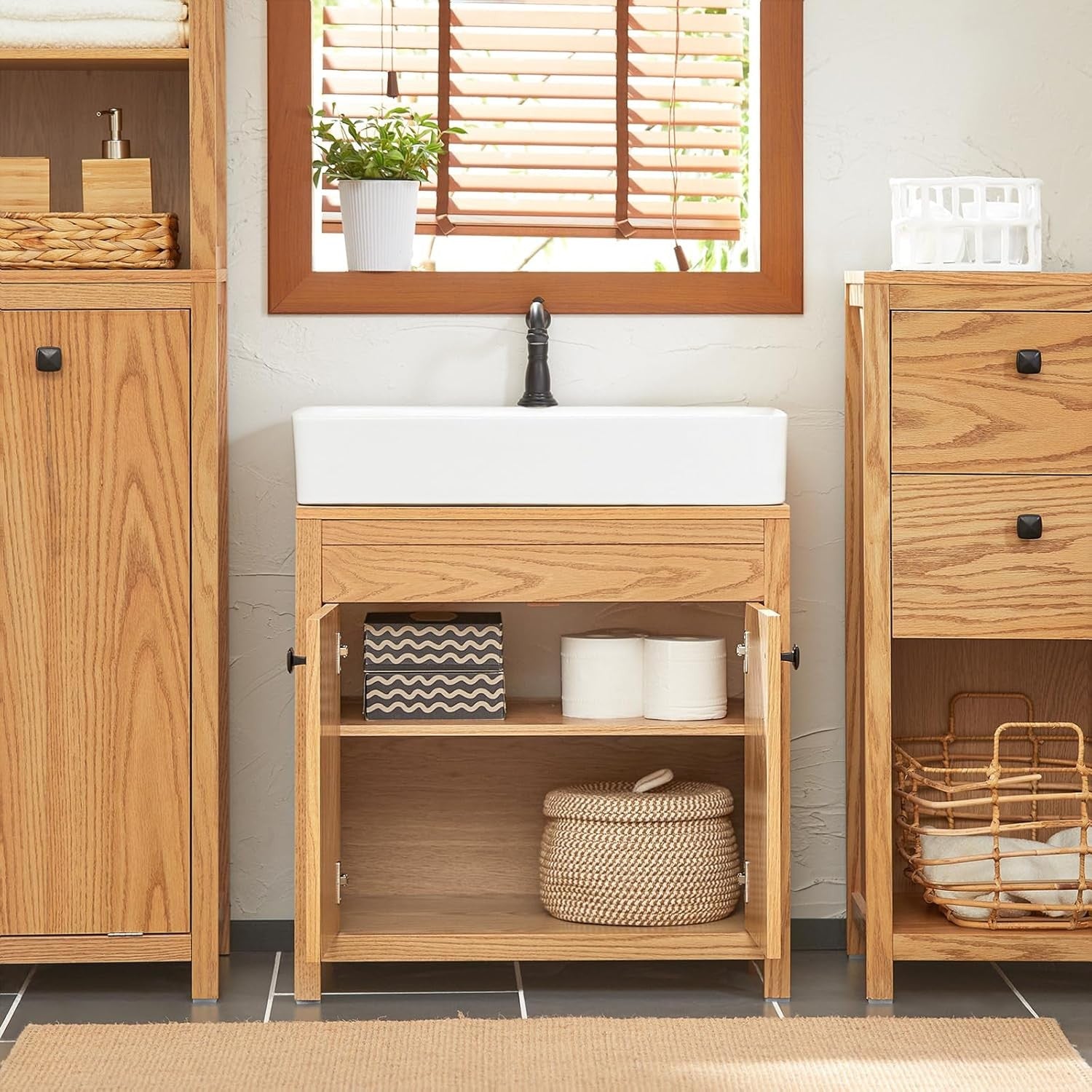 Natural Oak Bathroom Vanity Cabinet 60cm Under Sink Storage Unit with Double