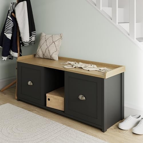 Black 2-Door Shoe Storage Bench with Seat – Rustic Hallway Entryway Unit