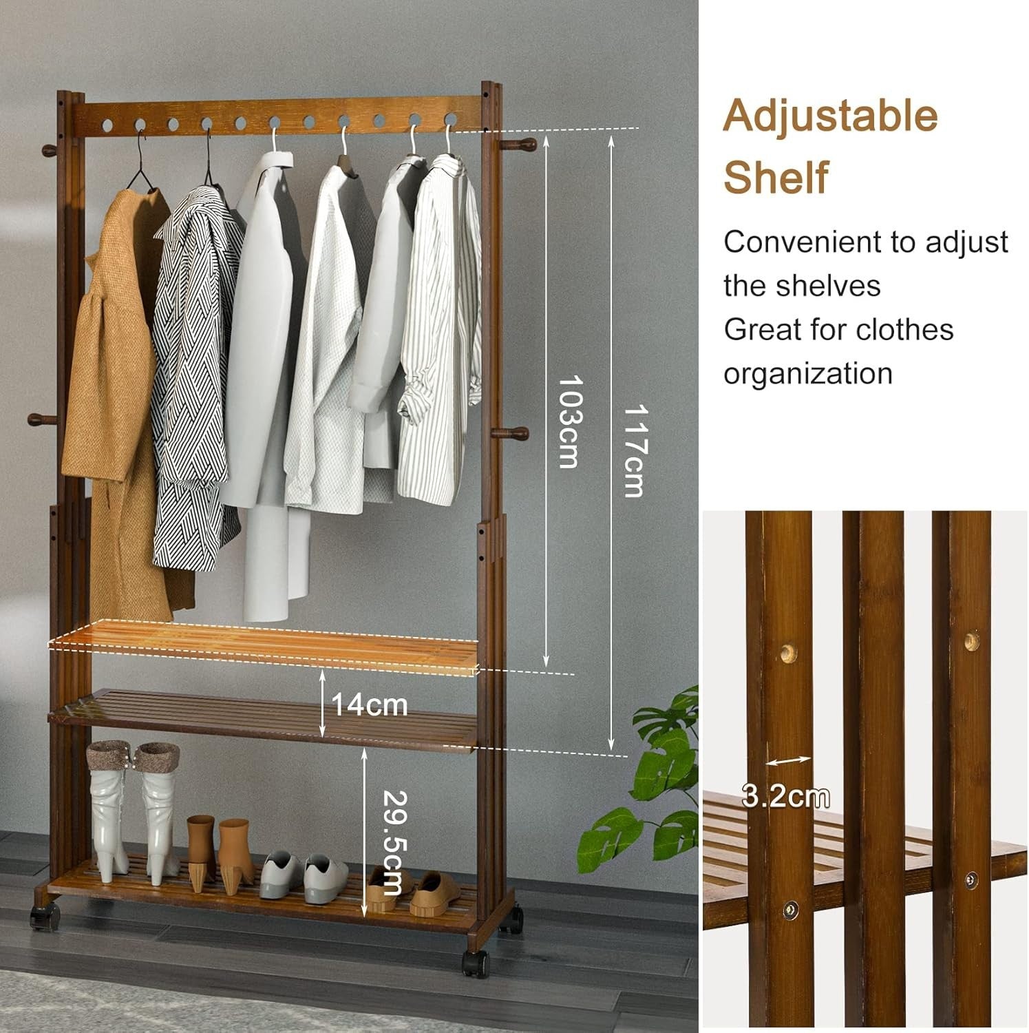 Bamboo Clothes Rack Stand on Wheels – Open Wardrobe with Shelves 90cm