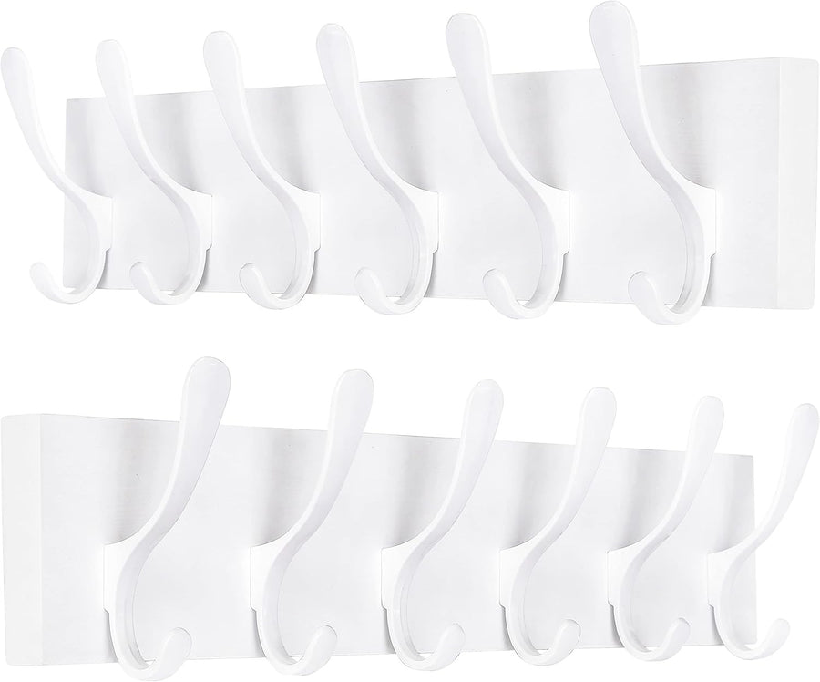 White Wall Coat Rack Set | 2x 6 Hook Wooden Hanger Racks Modern Minimalist