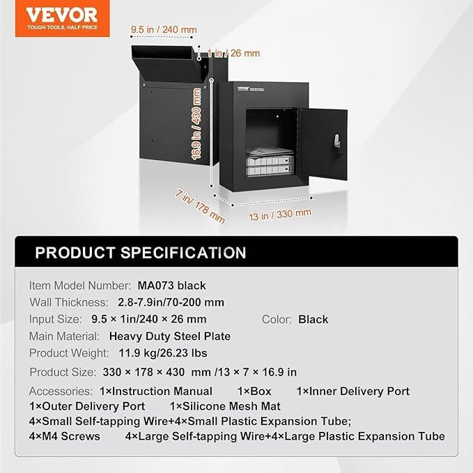 Secure Wall Mounted Mail Drop Box Rainproof Steel Lockbox 12.5x6.3x16.9" Black