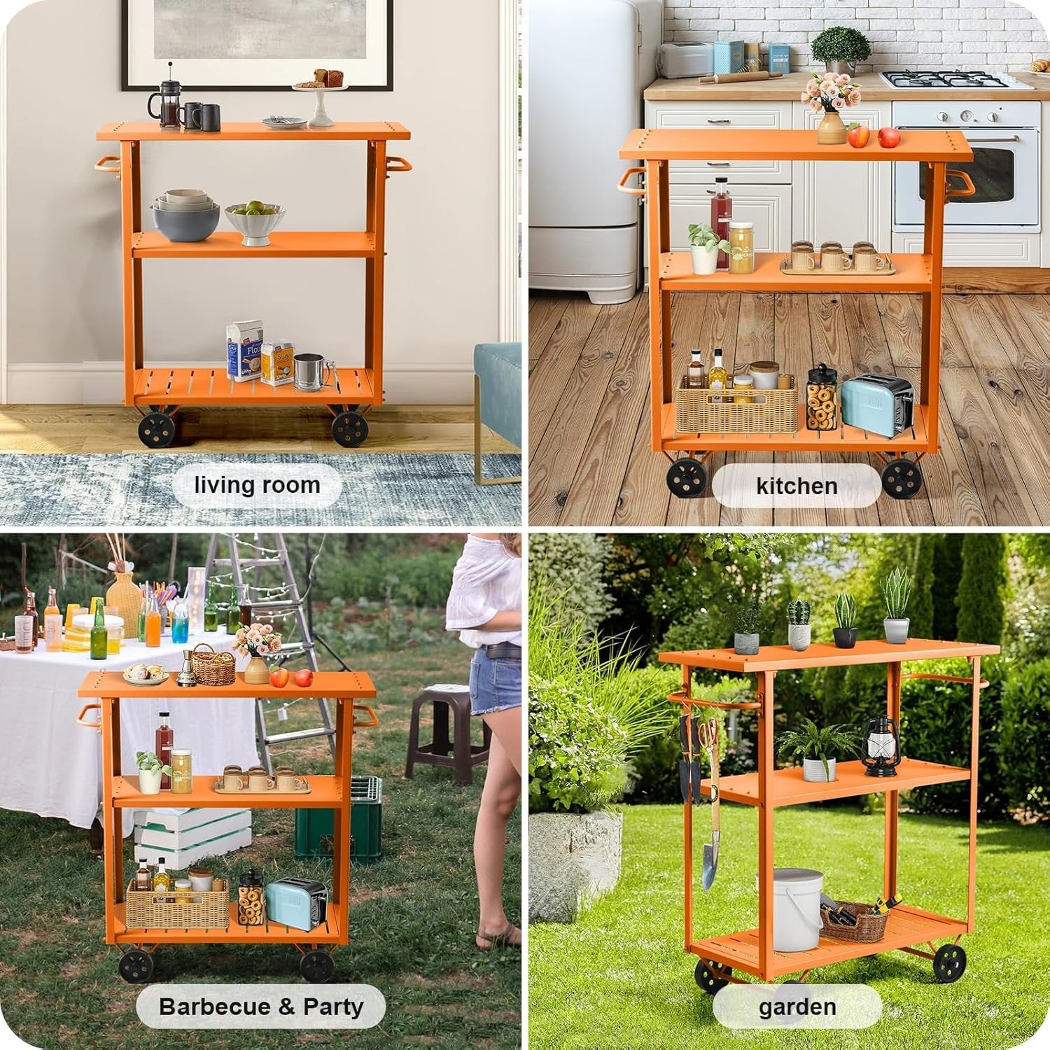 Industrial Bar Cart on Wheels 3 Tier Metal Serving Trolley with Handle