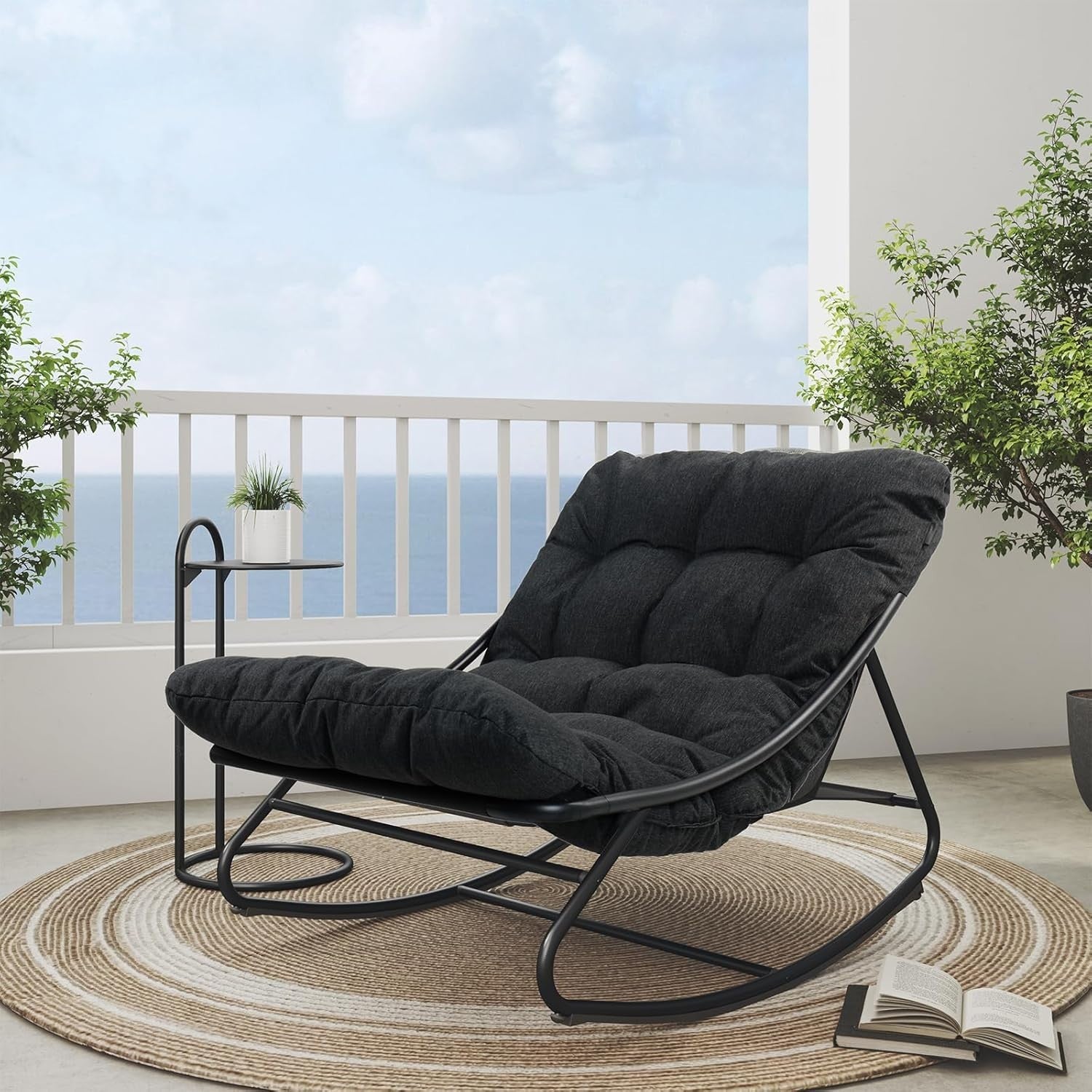 Modern Patio Rocking Chair with Side Table & Water-Resistant Cushion