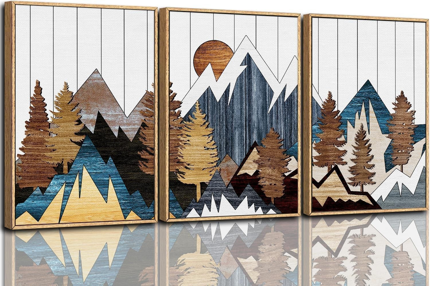 Mountain Framed Canvas Wall Art Set 3 Forest Woodcut Landscape 16x24