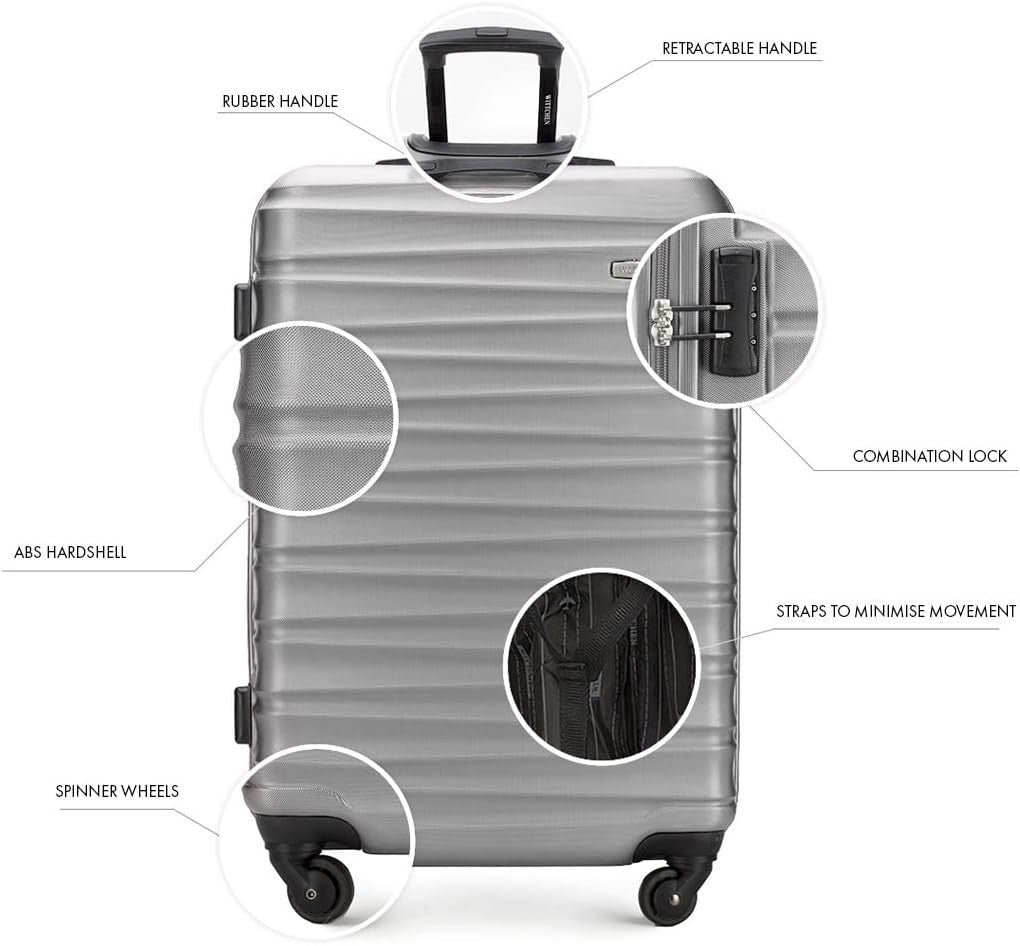 ABS Hardshell Carry On Cabin Suitcase 4 Spinner Wheels Lock Grey