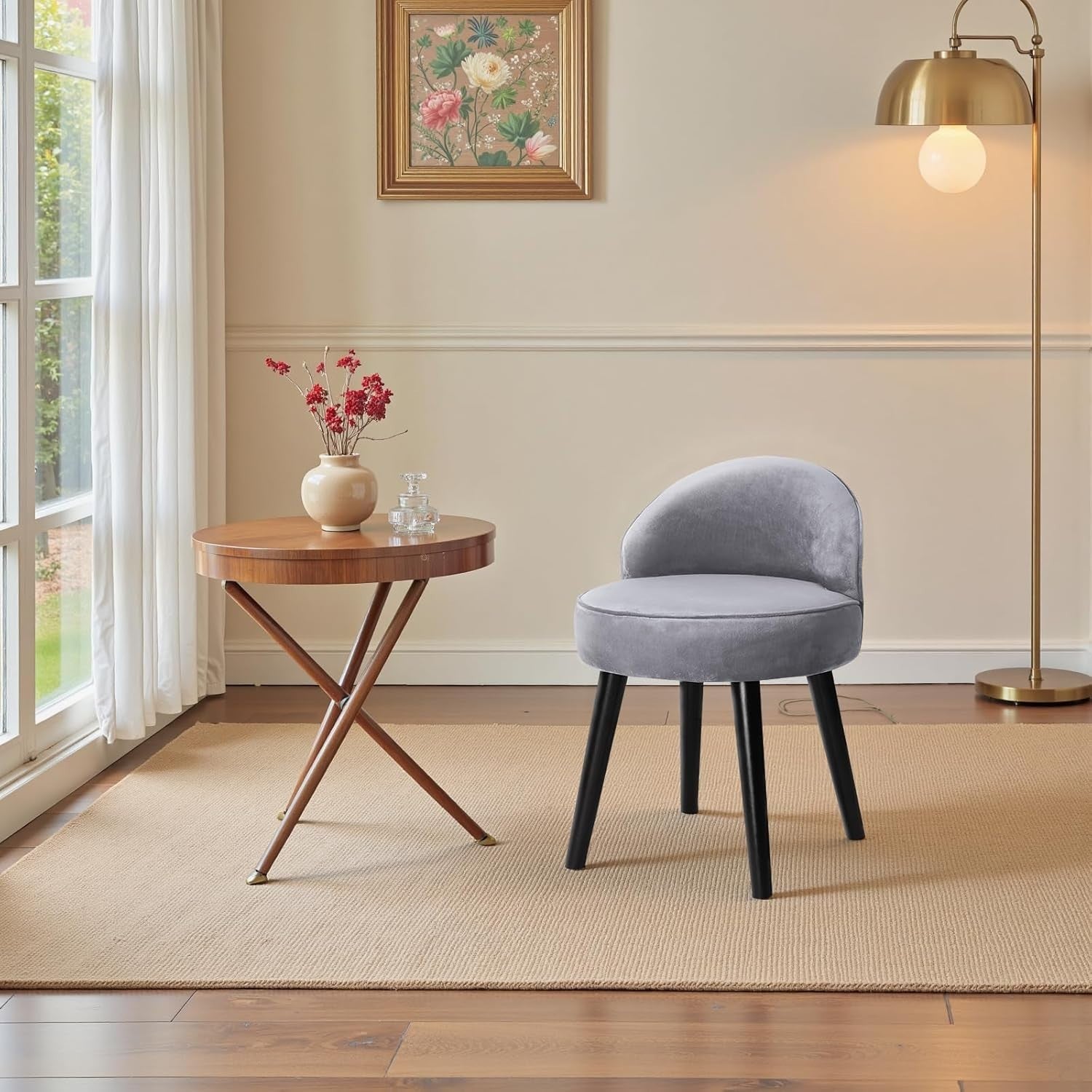 Grey Velvet Dressing Table Stool with Low Back – Soft Padded Vanity Chair