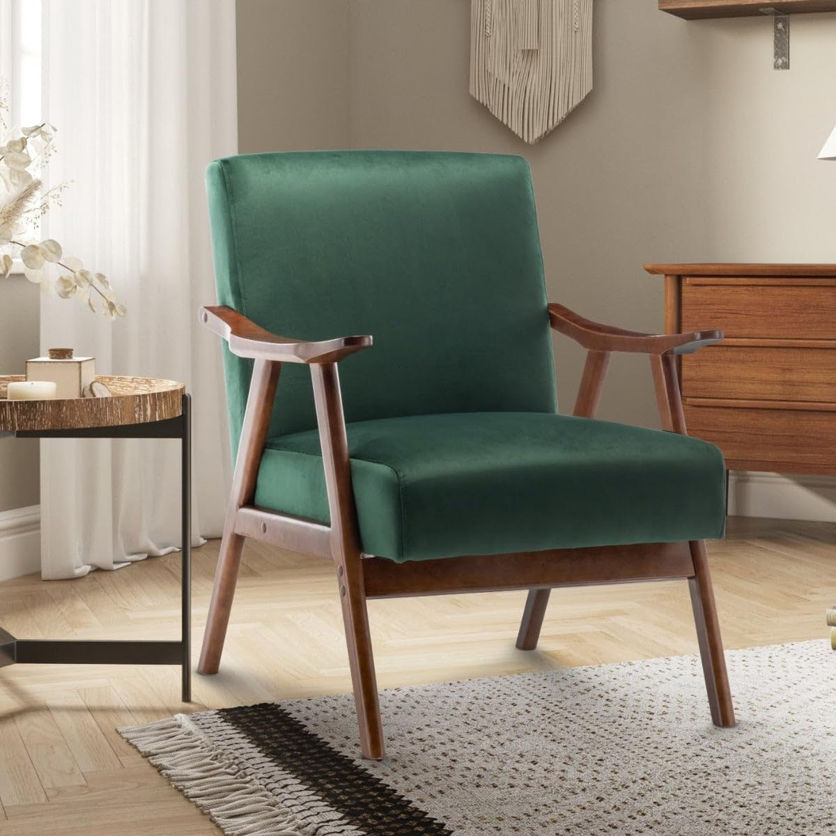 Green Velvet Accent Armchair Mid Century Wooden Lounge Chair