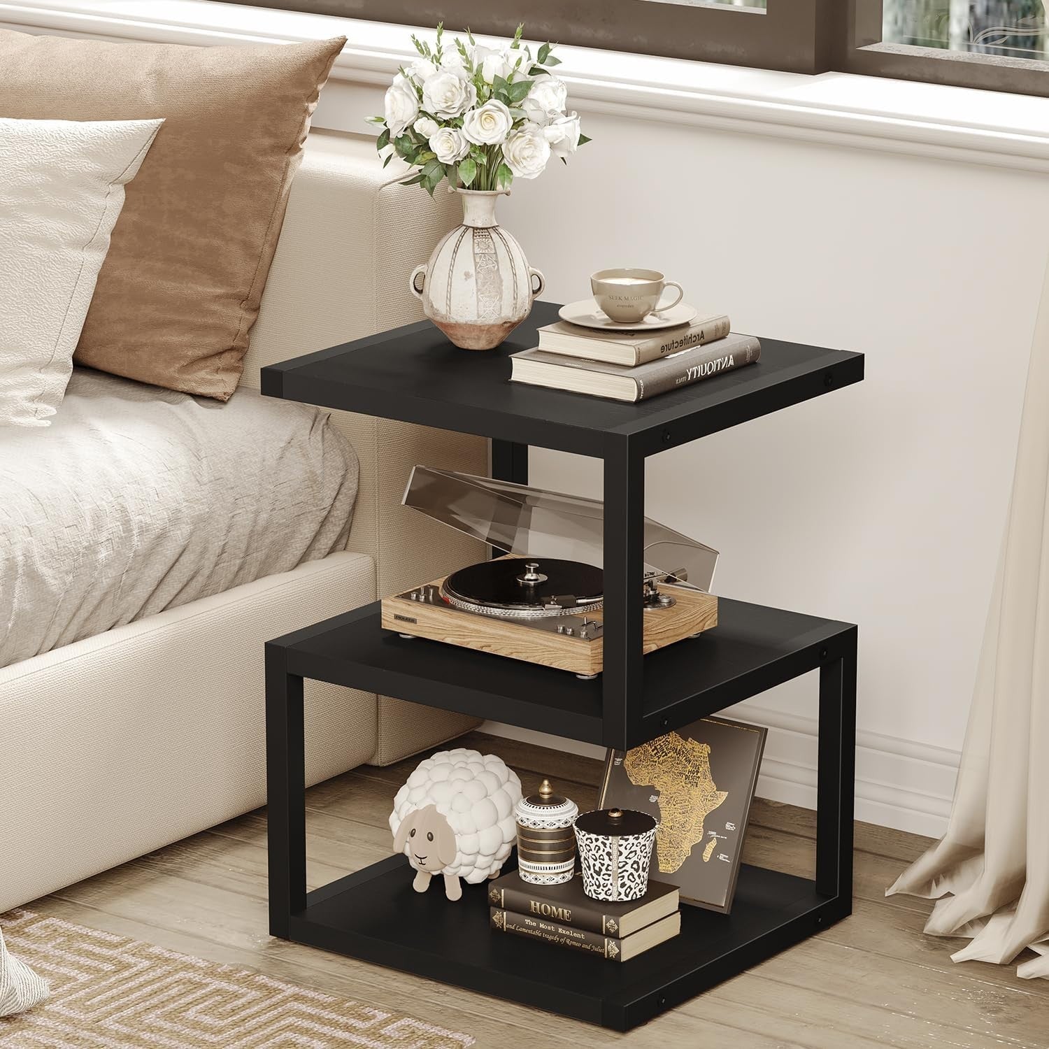 3-Tier S-Shape Side Table with Storage | Compact Black Nightstand 40x30x55cm