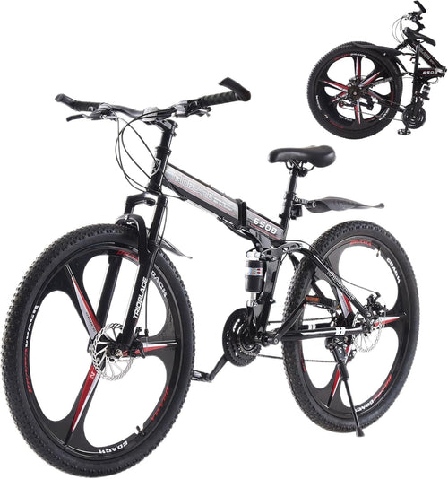 27.5" BlackRed Foldable Mountain Bike 21-Speed Dual Suspension Lightweight MTB