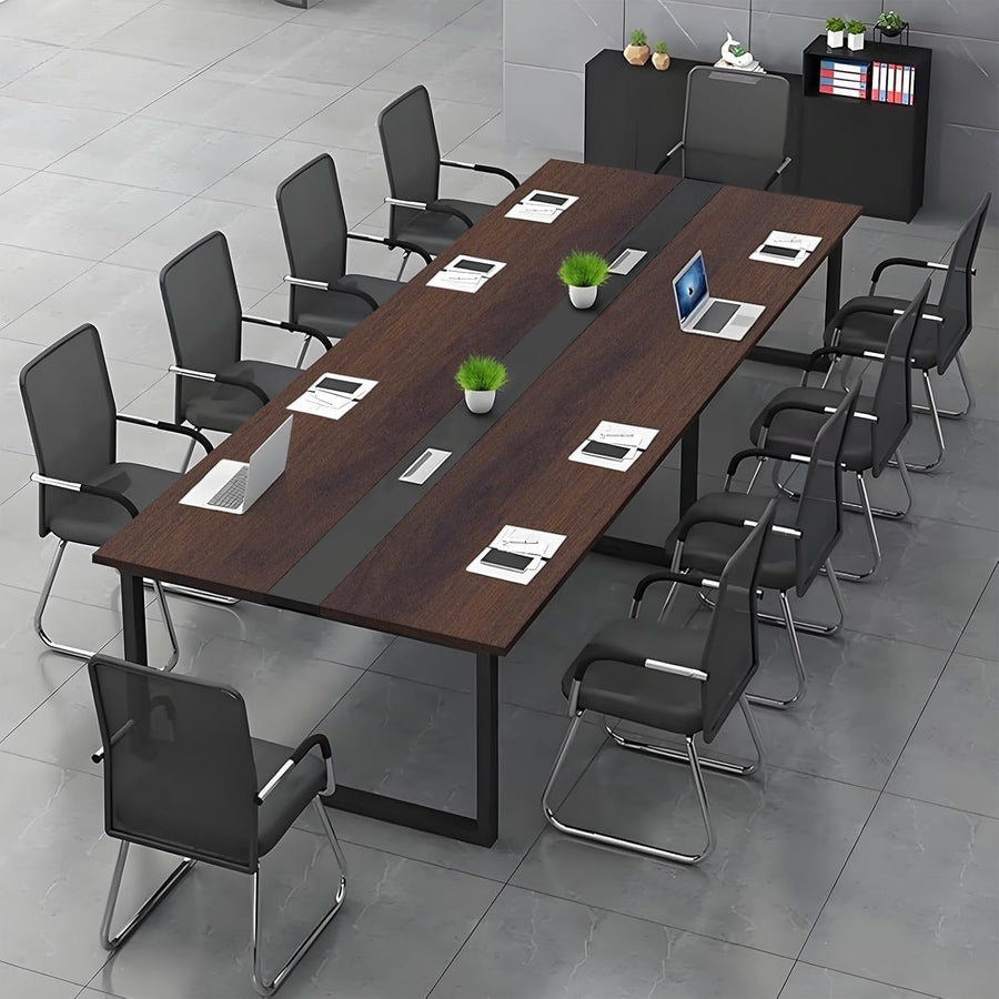 160x80cm Dark Walnut/Black Office Conference Table w/ Cable Ports