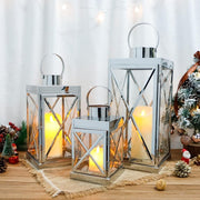 Set of 3 Silver Stainless Steel Lanterns Candle Holders