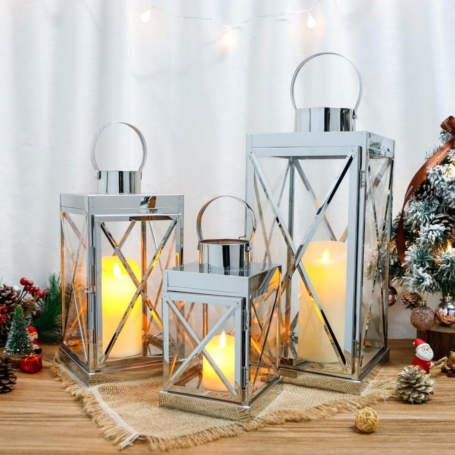 Set of 3 Silver Stainless Steel Lanterns Candle Holders