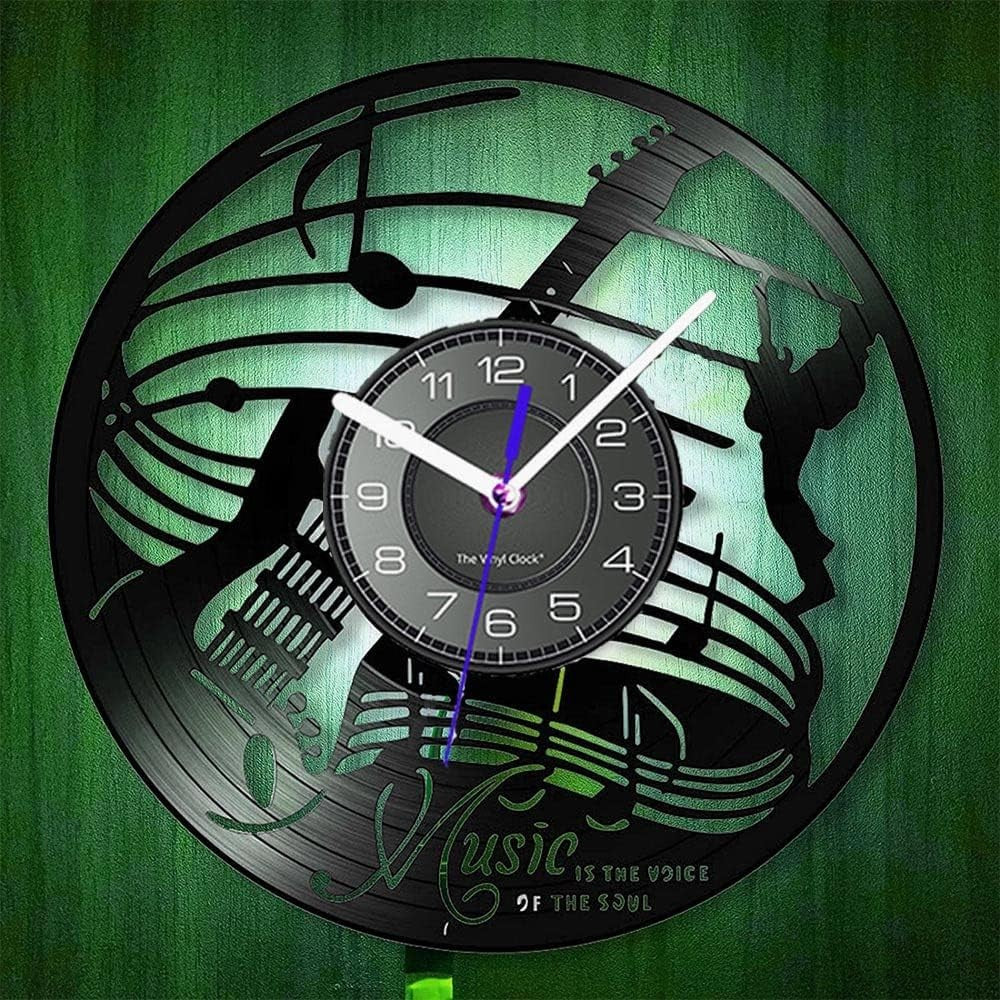 Blue LED Guitar Vinyl Wall Clock Music Decor Silent 30cm Night Light Gift