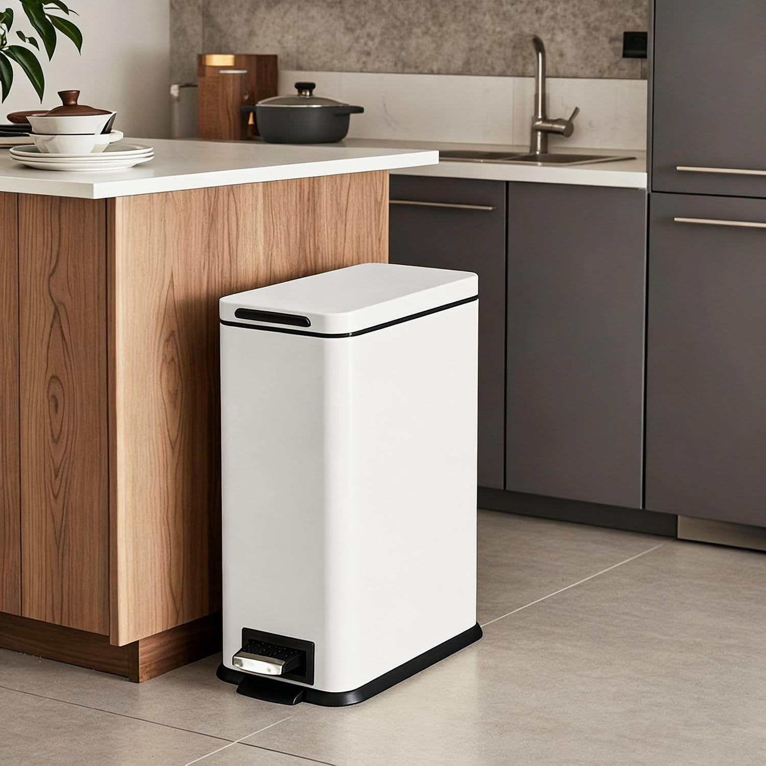 30L Slim White Pedal Bin Soft Close Stainless Steel Kitchen