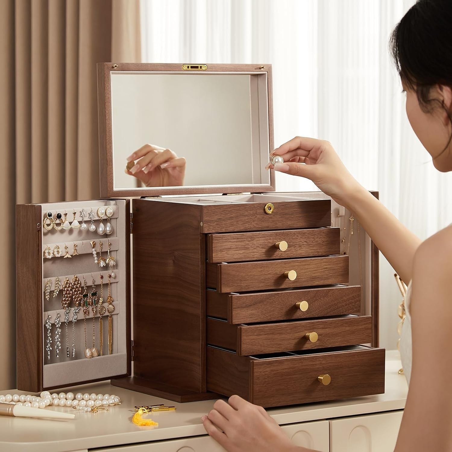 Walnut Wooden Jewelry Organizer Box Lockable Mirror 6 Layer Storage