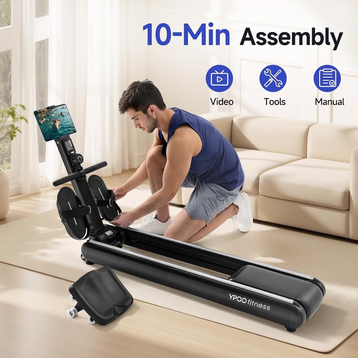 Foldable Magnetic Rowing Machine Quiet 16-Level Dual Rail App LCD Home Rower
