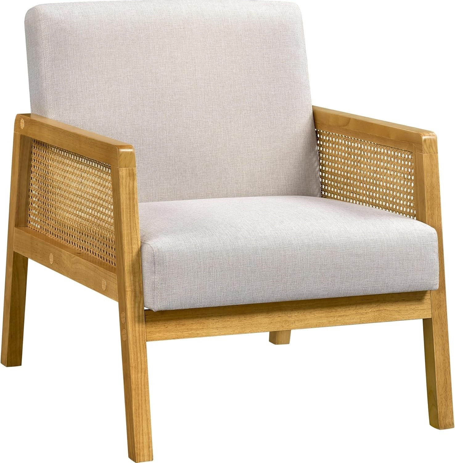 Linen Fabric Accent Armchair Modern Indoor Lounge Chair with Cane Sides