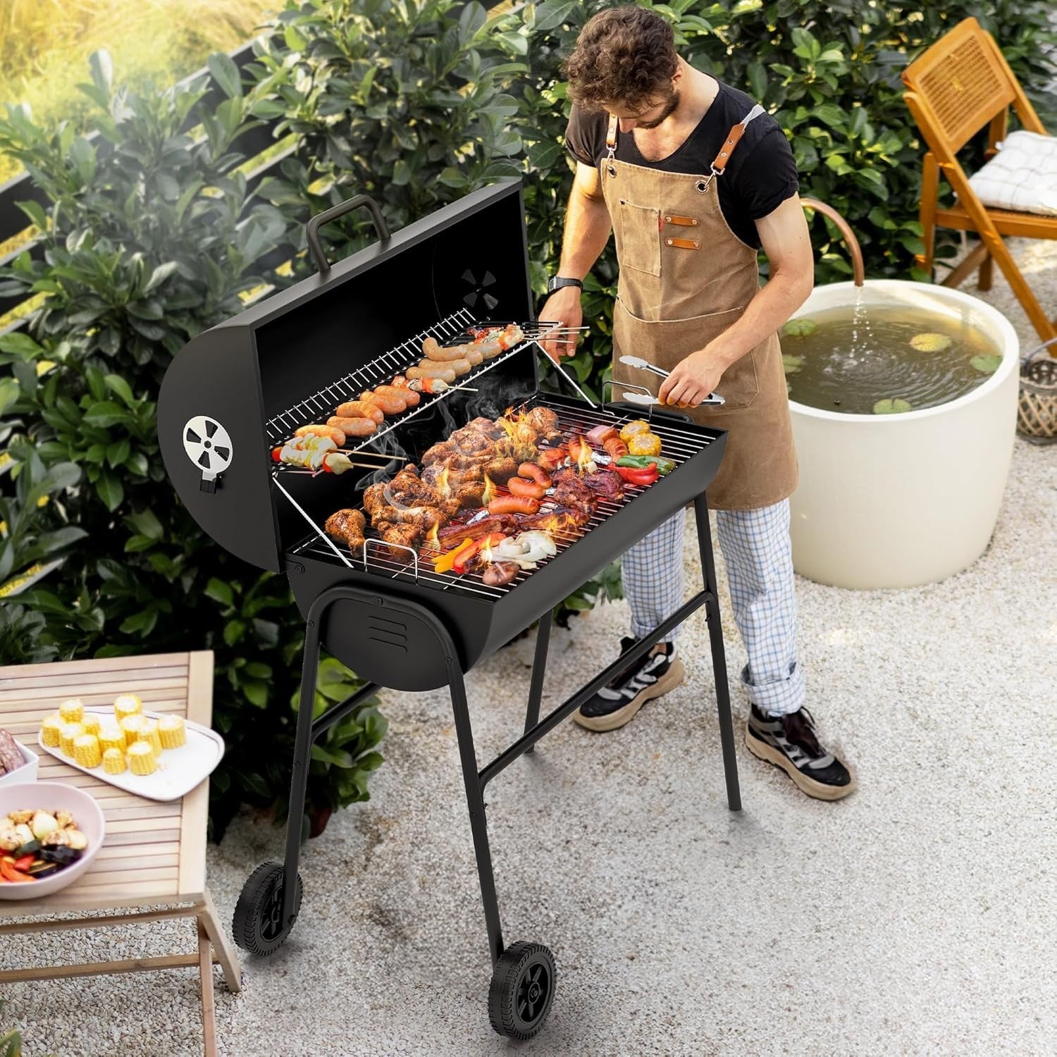 Portable Charcoal BBQ Smoker Grill | Adjustable Height, Thermometer