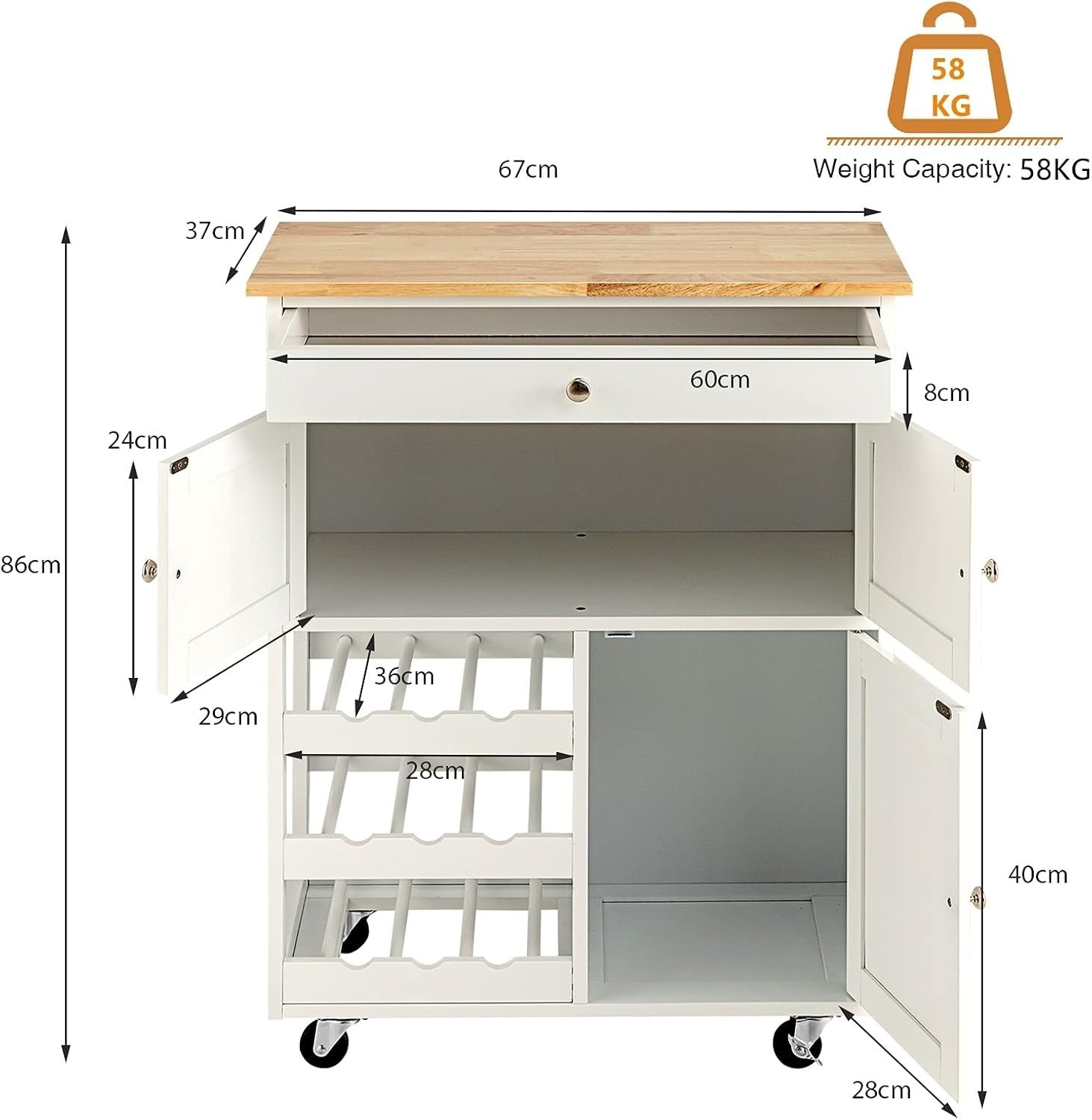 Kitchen Serving Trolley Cart Drawer Wine Rack Cabinet