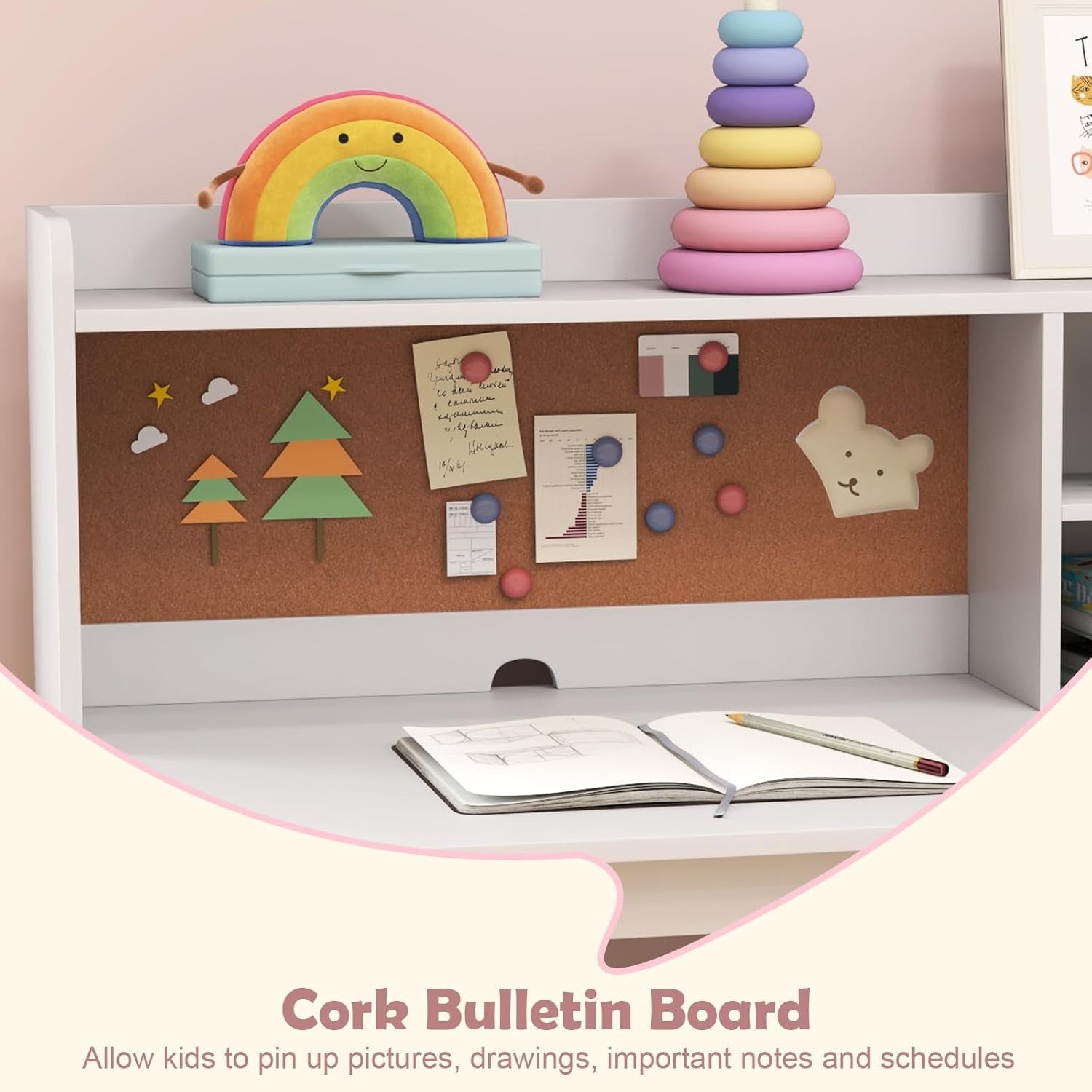 Kids Study Desk & Chair Set Pink White – Storage Shelves, Drawer, Cork Board