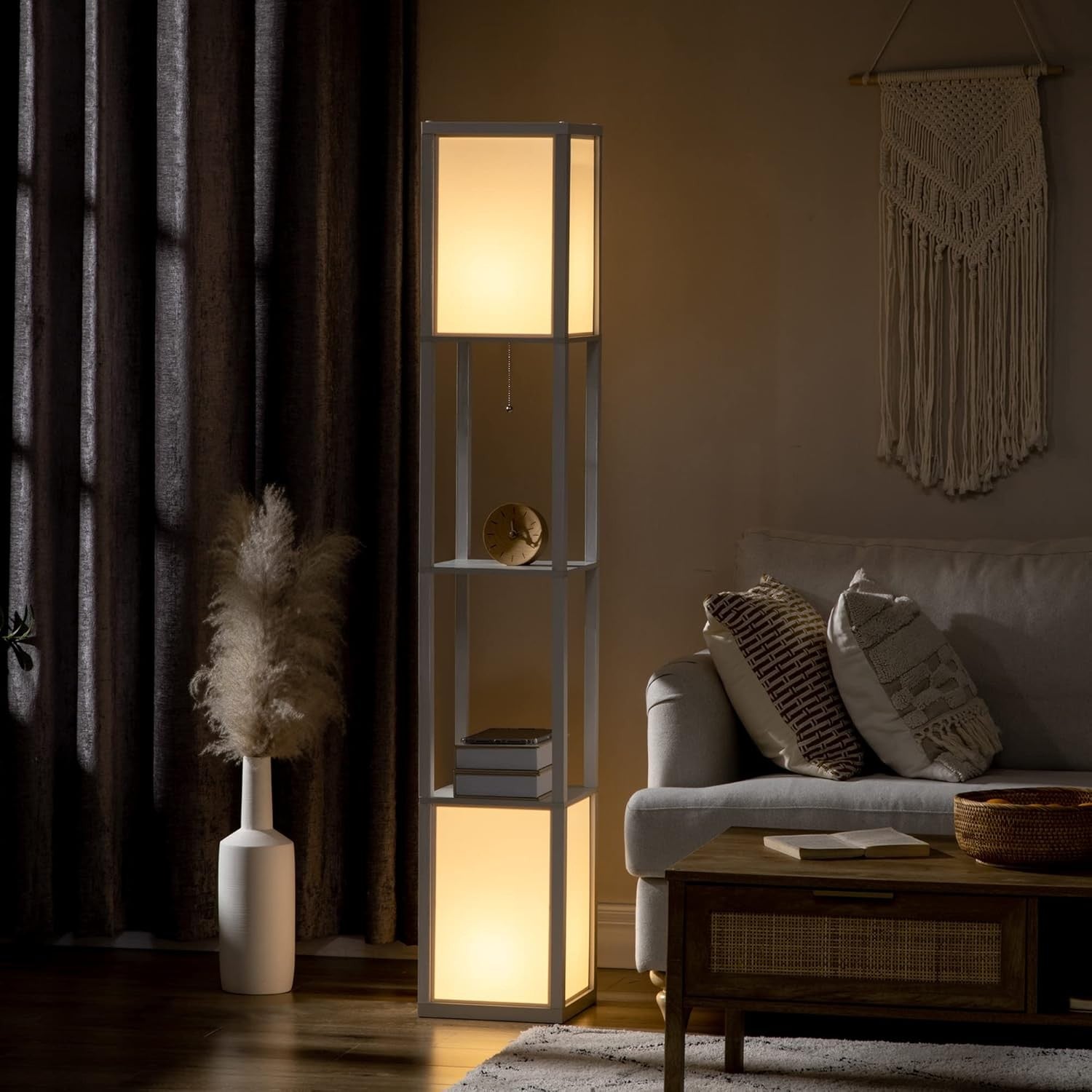 Corner Floor Lamp with Shelves Dual Light Modern Storage Standing Lamp White
