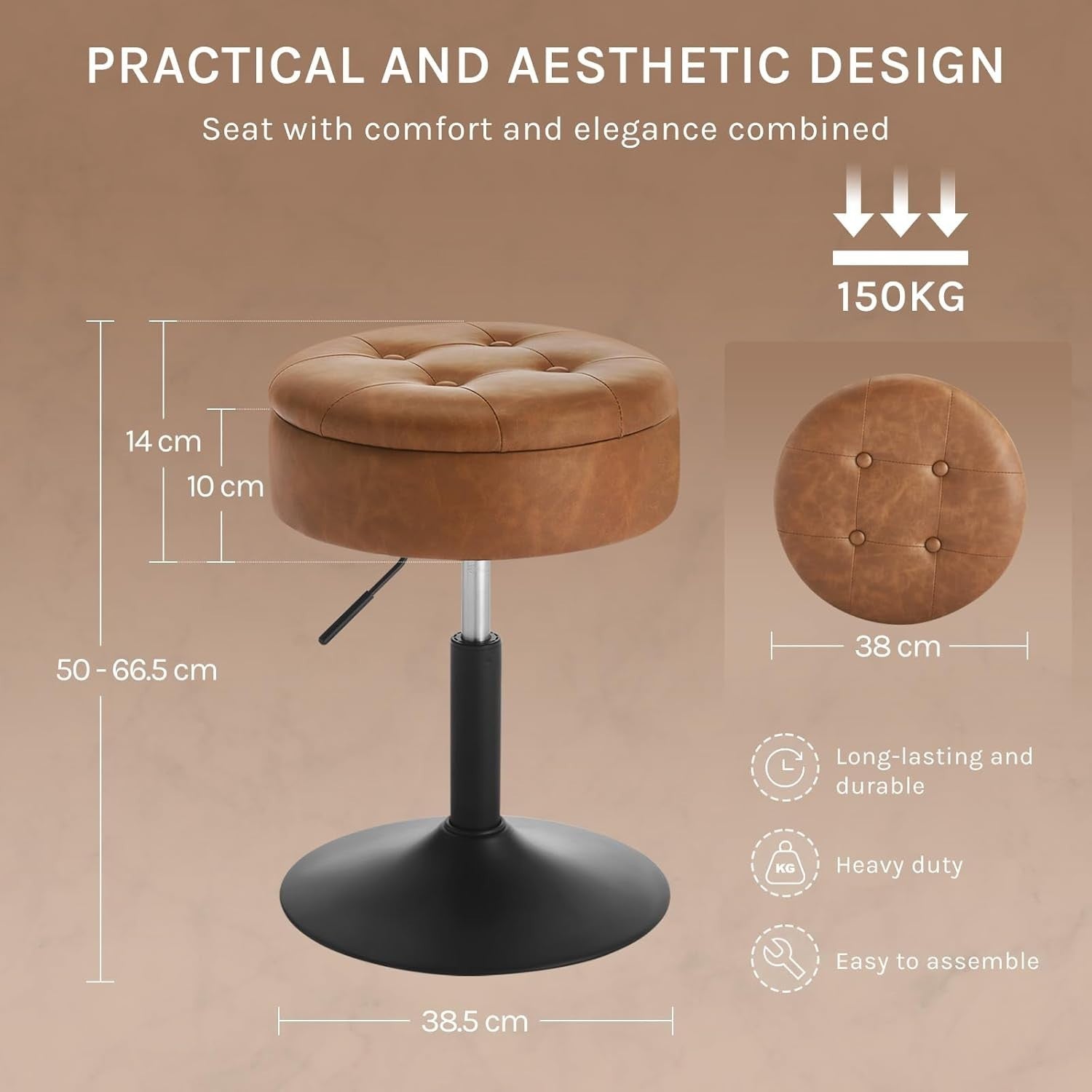 Brown Swivel Vanity Stool with Storage Vintage Faux Leather Adjustable Seat