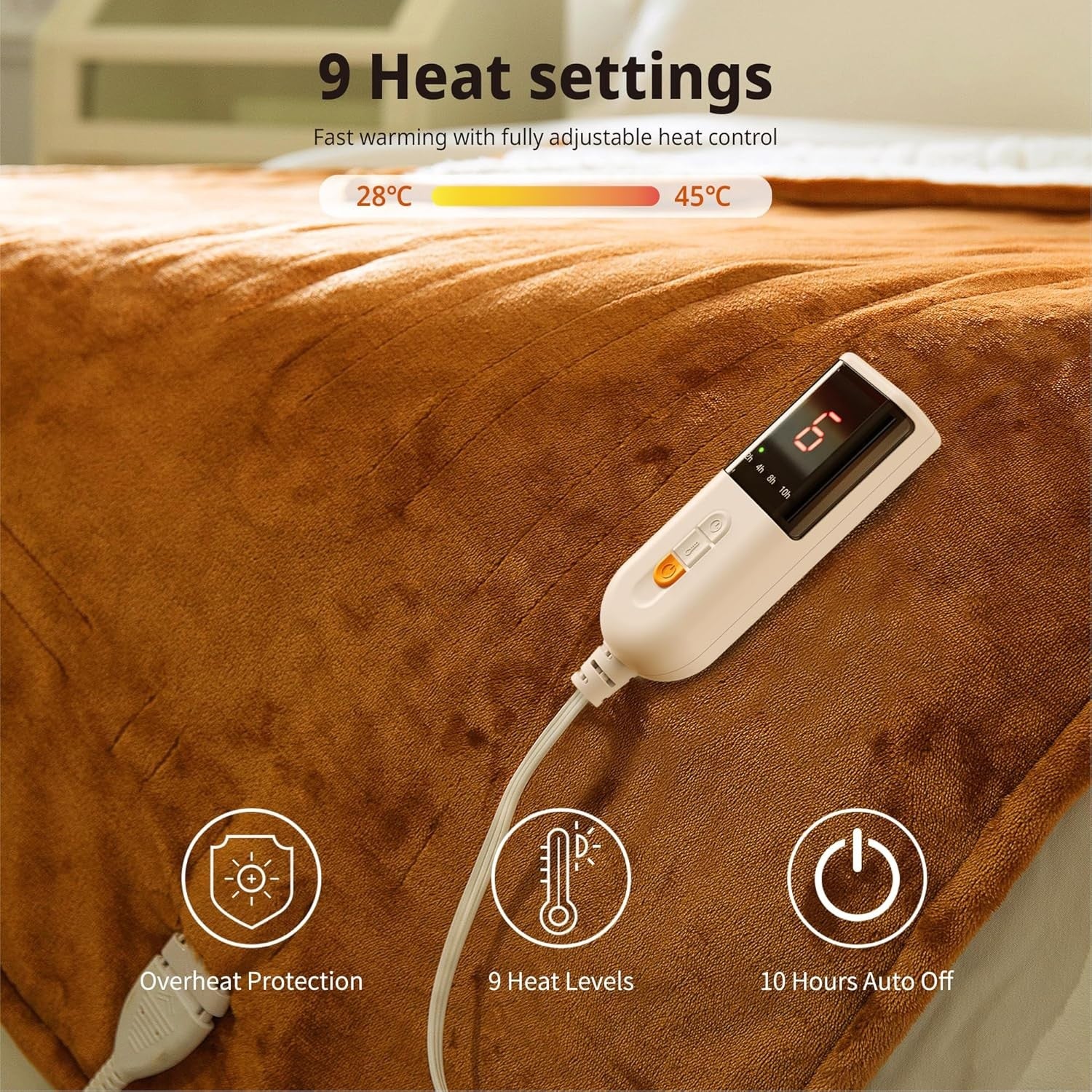 Electric Heated Throw Blanket 130x180cm Plush 9 Heat Timer Auto Off Washable