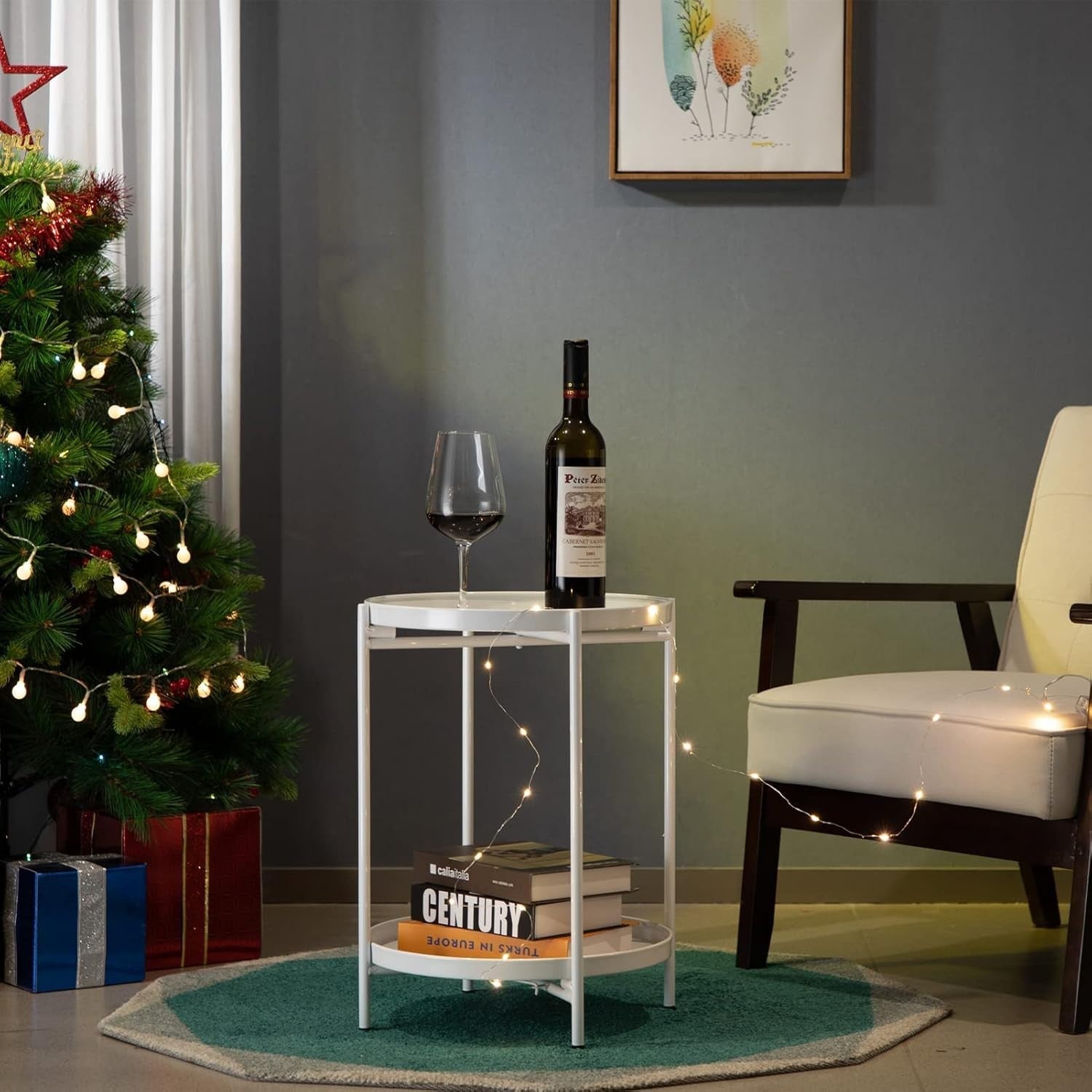 Small Round Metal Side Table 2-Tier Coffee Table Removable Tray White