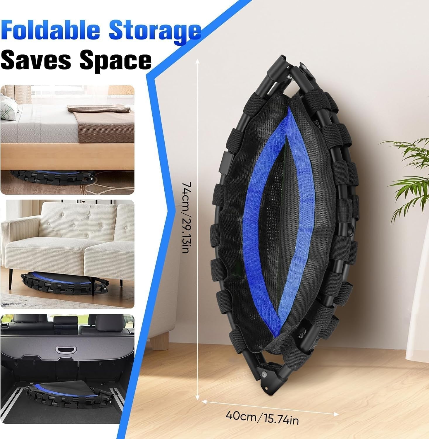 Foldable Exercise Trampoline w Handle Quiet Rebounder 150kg Space Saving