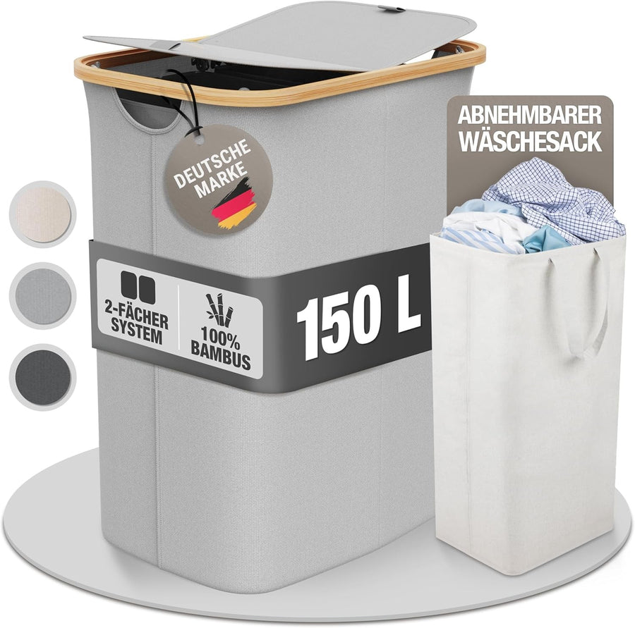 150L Large Laundry Basket with 2 Lids & 2 Compartments Bamboo Foldable Grey