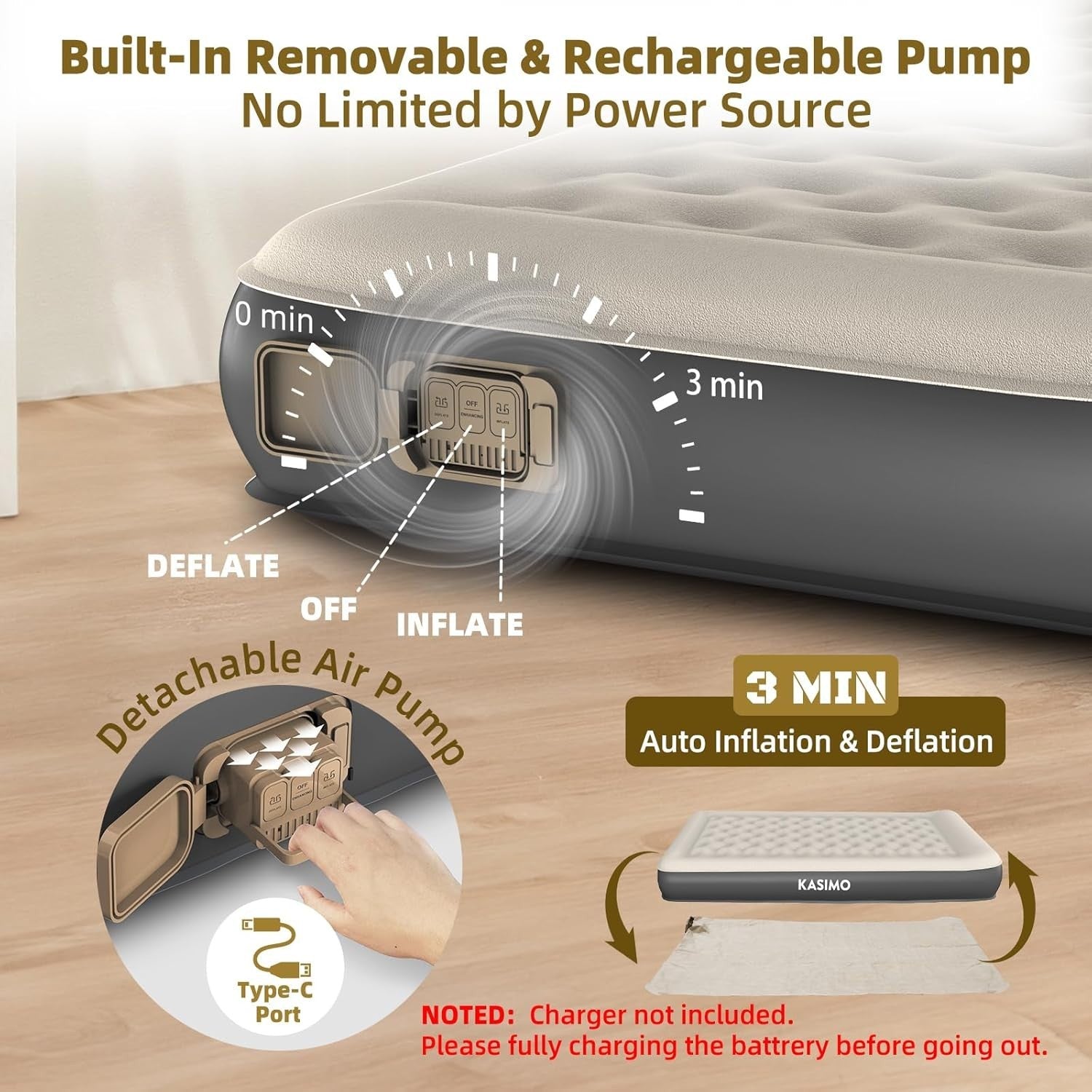 Double Inflatable Air Mattress with Built-In Battery Pump & Pillow – Portable