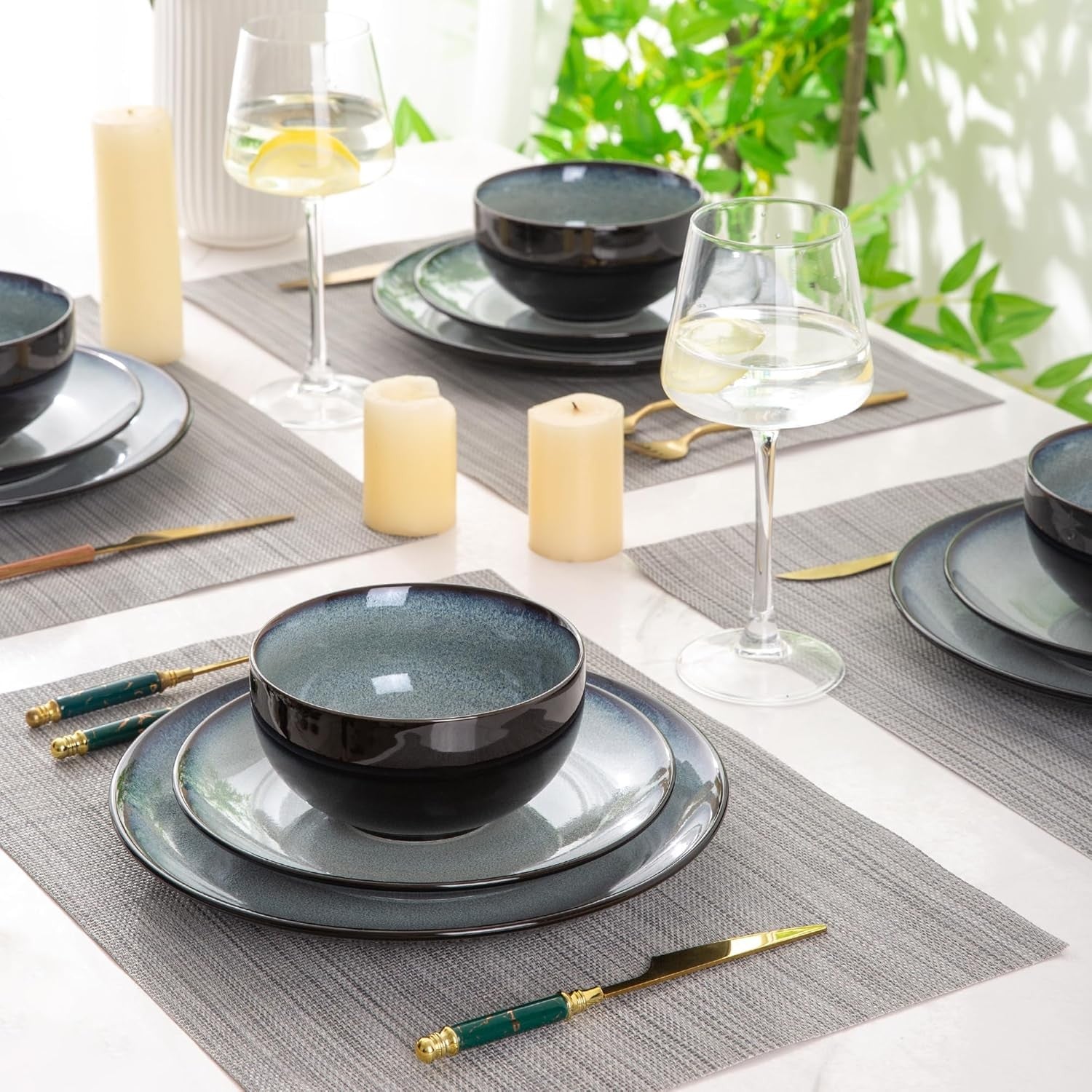 18 Piece Stoneware Dinner Set for 6 Ocean Blue Reactive Glaze Plates Bowls