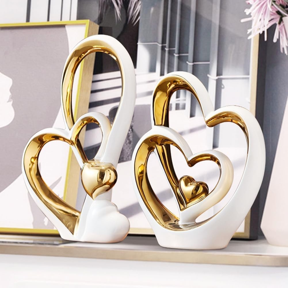 White Gold Double Heart Ceramic Sculpture Modern Luxury Home Decor Gift Ornament