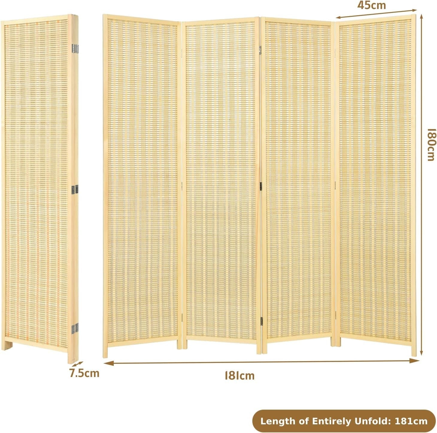 4 Panel Bamboo Folding Room Divider Natural Privacy Screen for Bedroom Office