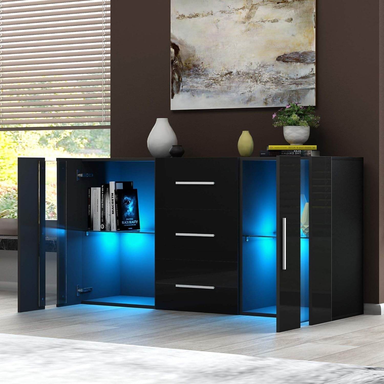 Modern Black RGB Sideboard Cabinet 2 Doors 3 Drawers LED Lighting Storage